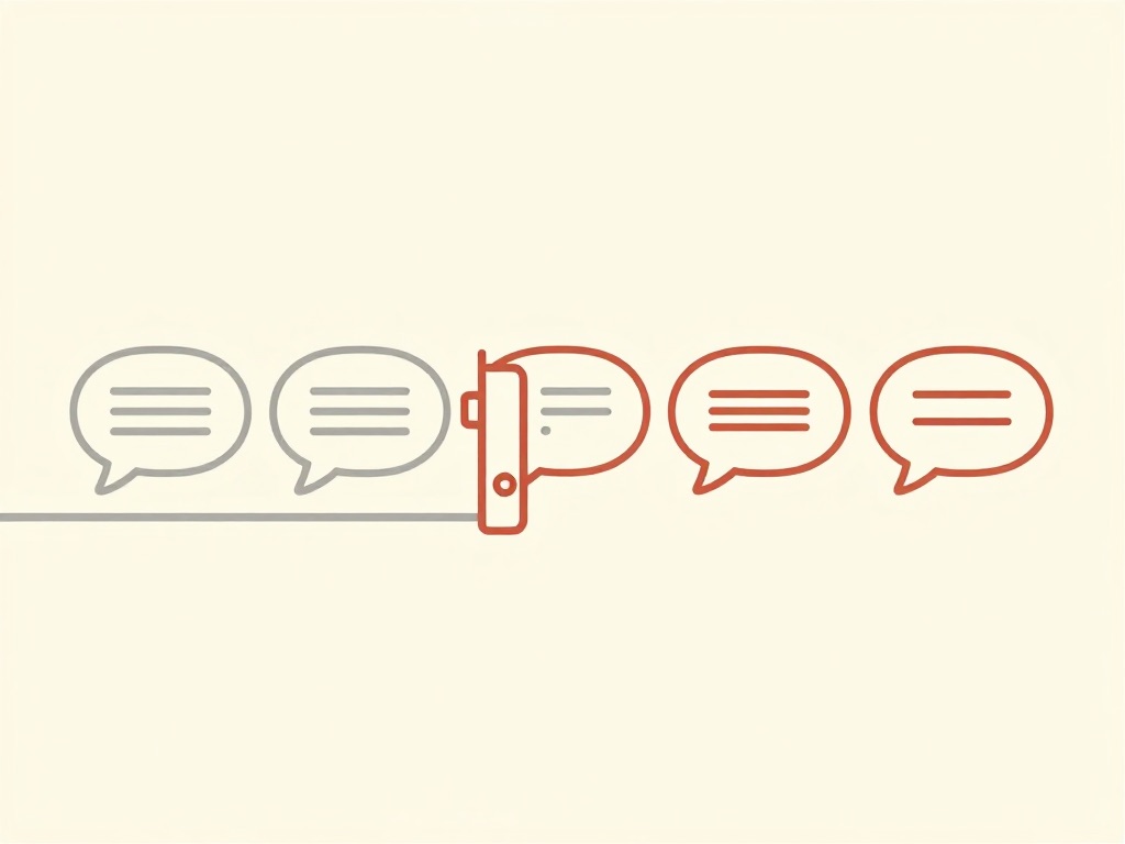 Five chat bubbles in a row; a gate mechanism stands between the third and the fourth, and the bubbles past it are marked in a different colour