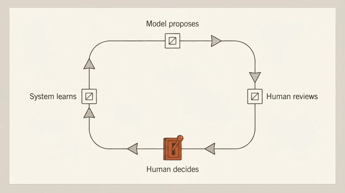 A closed clockwise loop of four steps — model proposes, human reviews, human decides, system learns — where the deciding step is a terracotta gate with a lever.