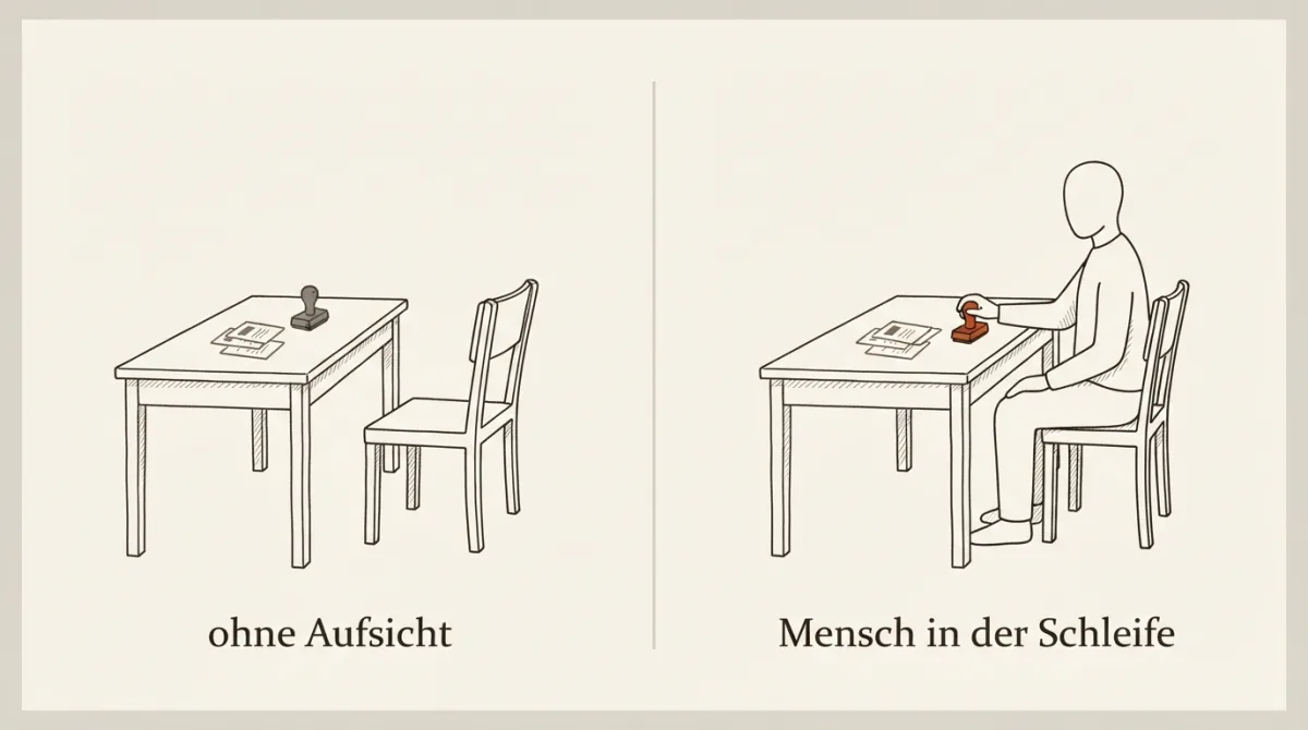 Zwei Zeichnungen desselben Schreibtischs: links ist der Stuhl leer und der Stempel unberührt; rechts legt eine sitzende Figur die Hand darauf, der Stempel ist terrakottafarben.