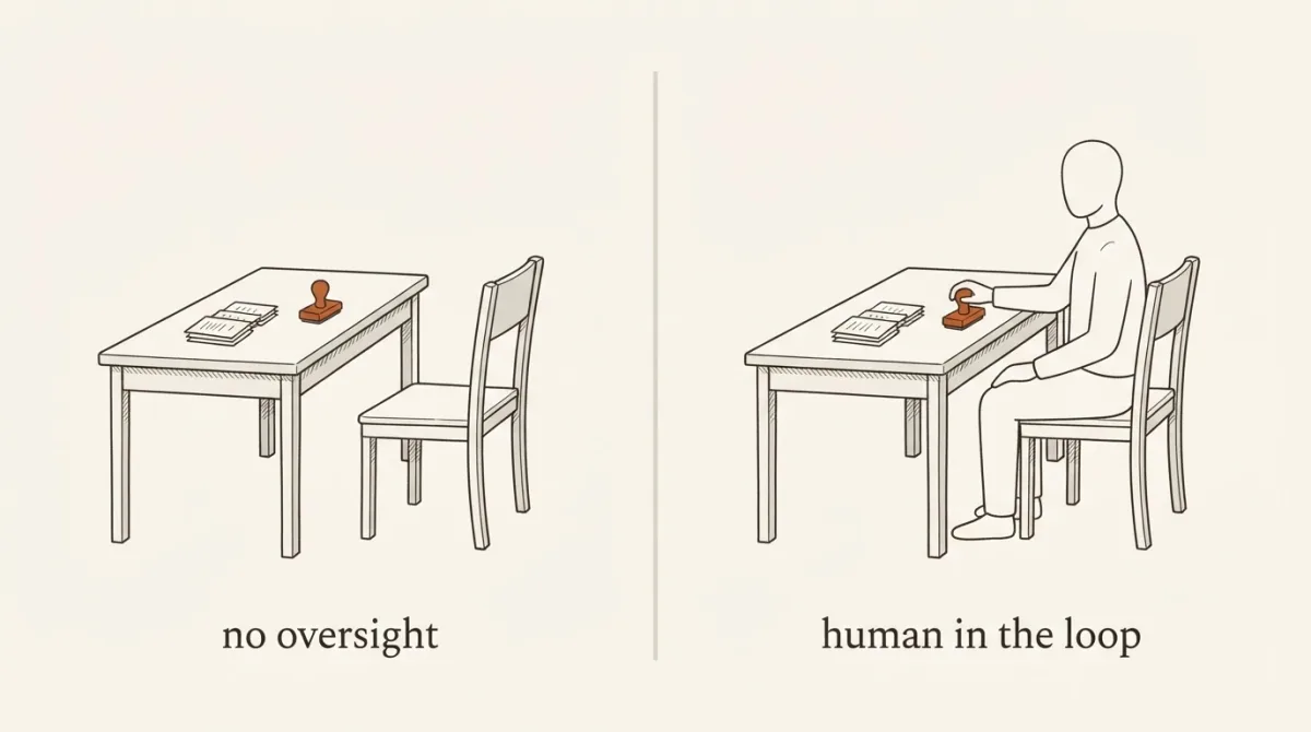 Two drawings of the same desk: on the left the chair is empty and the stamp untouched; on the right a seated figure rests a hand on the stamp, marked in terracotta.
